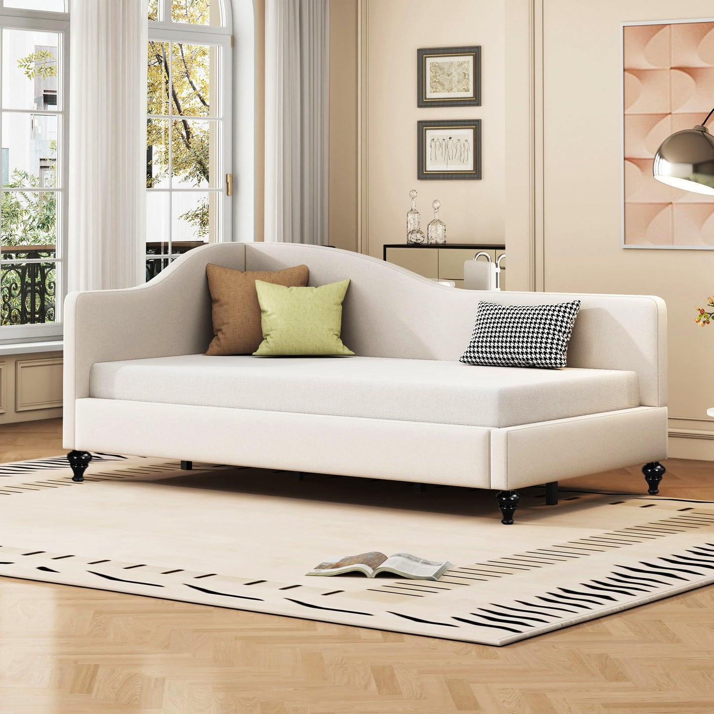 Ball & Cast Twin Size Linen Daybed Upholstered Chaise Lounge with Wooden Legs,L-Shaped Corner Day Bed Frame,Sleeper Sofa Bed Couch, No Box Spring Needed, for Bedroom Living Room,Beige
