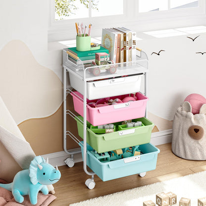 SYKIARIOL Rolling Cart with 4 Drawers,4 Tiers Rolling Utility Cart Craft Cart,Rolling Storage Drawer Cart with Mesh Top,Storage Cart with Drawers & 4 PCS DIY Lable, Classic Colorful