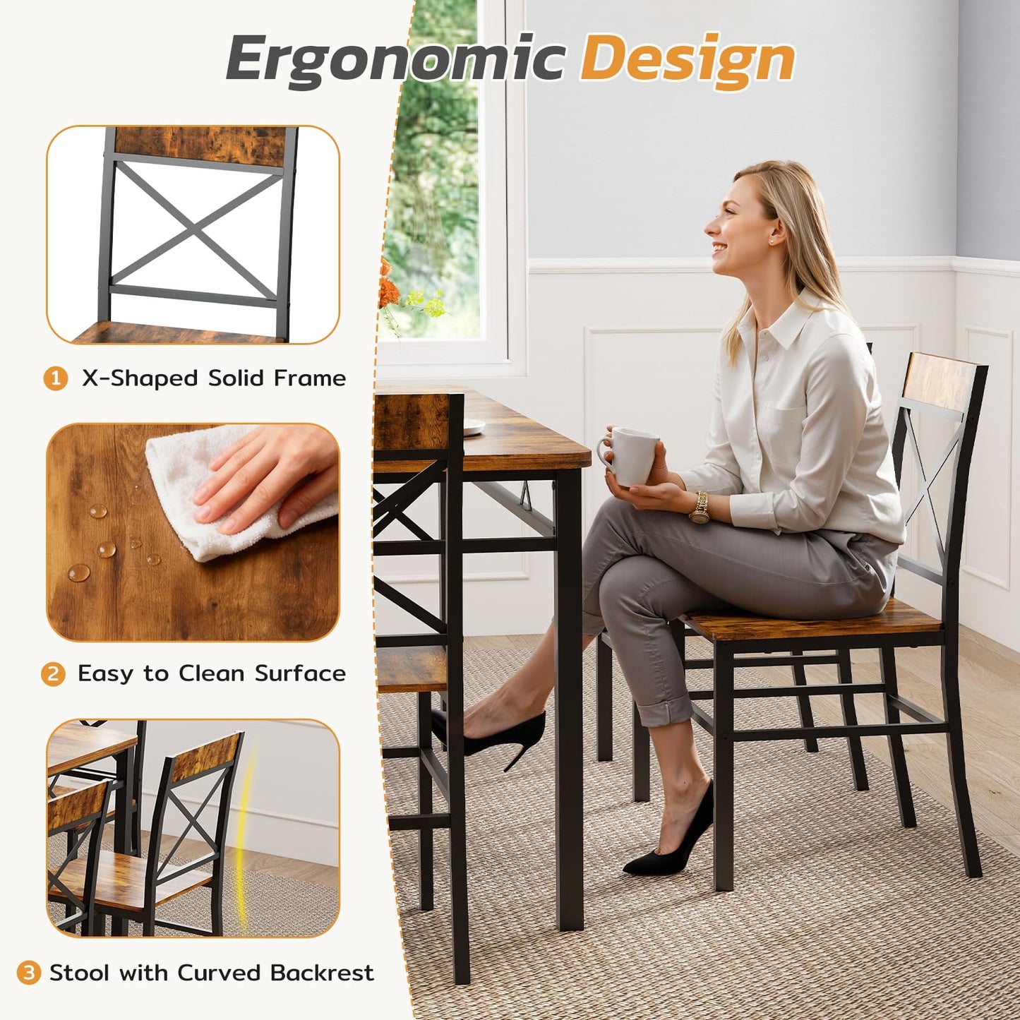 Zevemomo 7-Piece Dining Table Set, Kitchen Table Chairs Set of 6, Dining Room Sets for 6, Farmhouse Dining Table Set with 6 X-Shaped Curved Backrest Chairs, for Kitchen & Living Room-Rustic Brown