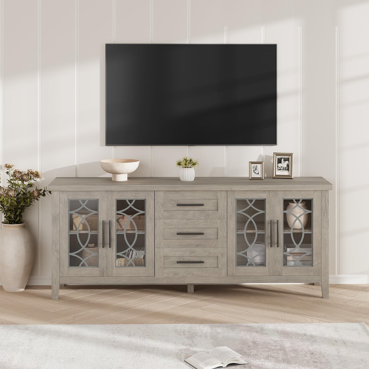 Farmhouse TV Stand for 75 Inch TV, Mid Century Entertainment Center with 3 Drawer & 2 Storage Doors, Wooden Media TV Console Table for Living Room, Bedroom-Grey