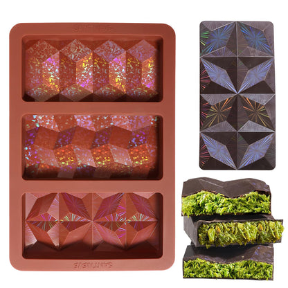 Holographic Chocolate Bar Mold, Large Thick 3-Cavity Silicone Mold for Chocolate Bars, Geometric Design, Food-Grade Non-Stick Mold for DIY Baking, Candy, and Wax Making
