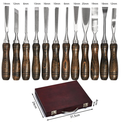SELFIE CAT 12 Piece Wood Chisel Set for Woodworking Tools Wood Carving Tools with Wooden Case Wood Carving Kit for Beginners and Professionals Black Walnut