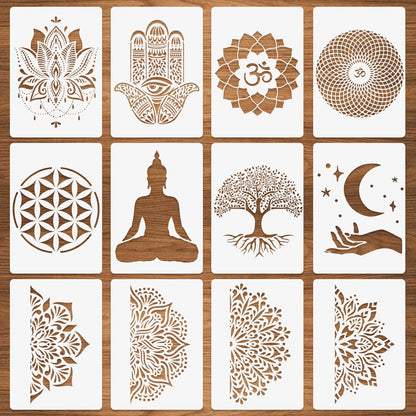 12 Sacred Geometry Stencils - Hamsa Hand, Torus, Om, Lotus, Moon, Mandala, Zen, Flower of Life, Yoga, Spiritual, Meditation Templates for Painting on Wood, Fabric, Walls - 8.3"x11.7"