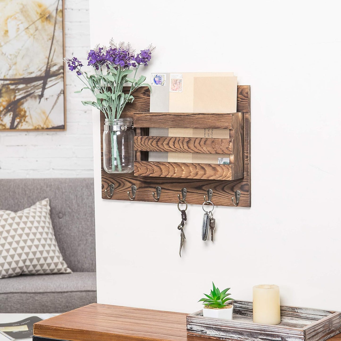MyGift Wall-Mounted Burnt Wood Mail Holder Organizer with 6 Key Hooks & Mason Jar