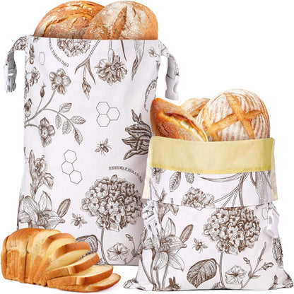 Yolysudo 2 Pack 17''x 13" Reusable Vintage Floral Beeswax Bread Bag for Sourdough, Large Beeswax Lined Cotton Homemade