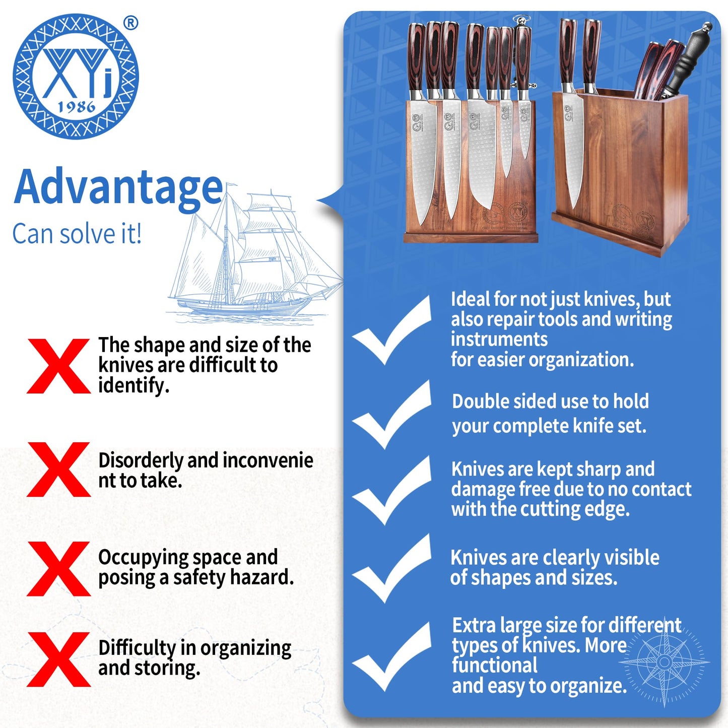 XYJ Authentic Since 1986, Magnetic Knife Block, Double Side Kitchen Knife Stand, Acacia Wood, Magnetic Knife Holder with Strong Enhanced Magnets,Knives Storage Rack Stand for Home Kitchen