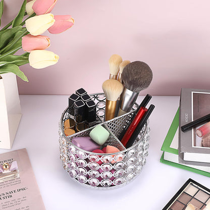 Hipiwe Crystal Vanity Organizer Makeup Brush Holder- 360 Rotating Cosmetic Brushes Display Organizers Spinning Remote Control Holder Bathroom Storage Organizer for Eyebrow Pen Pencil,Silver 4-Slot