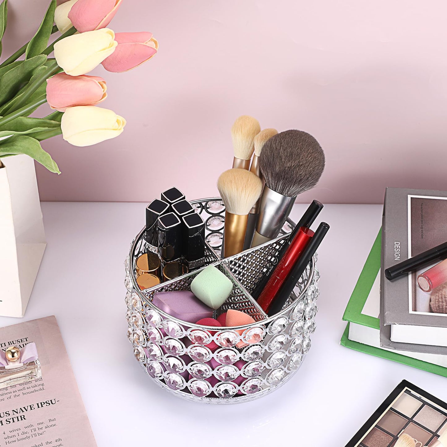 Hipiwe Crystal Vanity Organizer Makeup Brush Holder- 360 Rotating Cosmetic Brushes Display Organizers Spinning Remote Control Holder Bathroom Storage Organizer for Eyebrow Pen Pencil,Silver 4-Slot