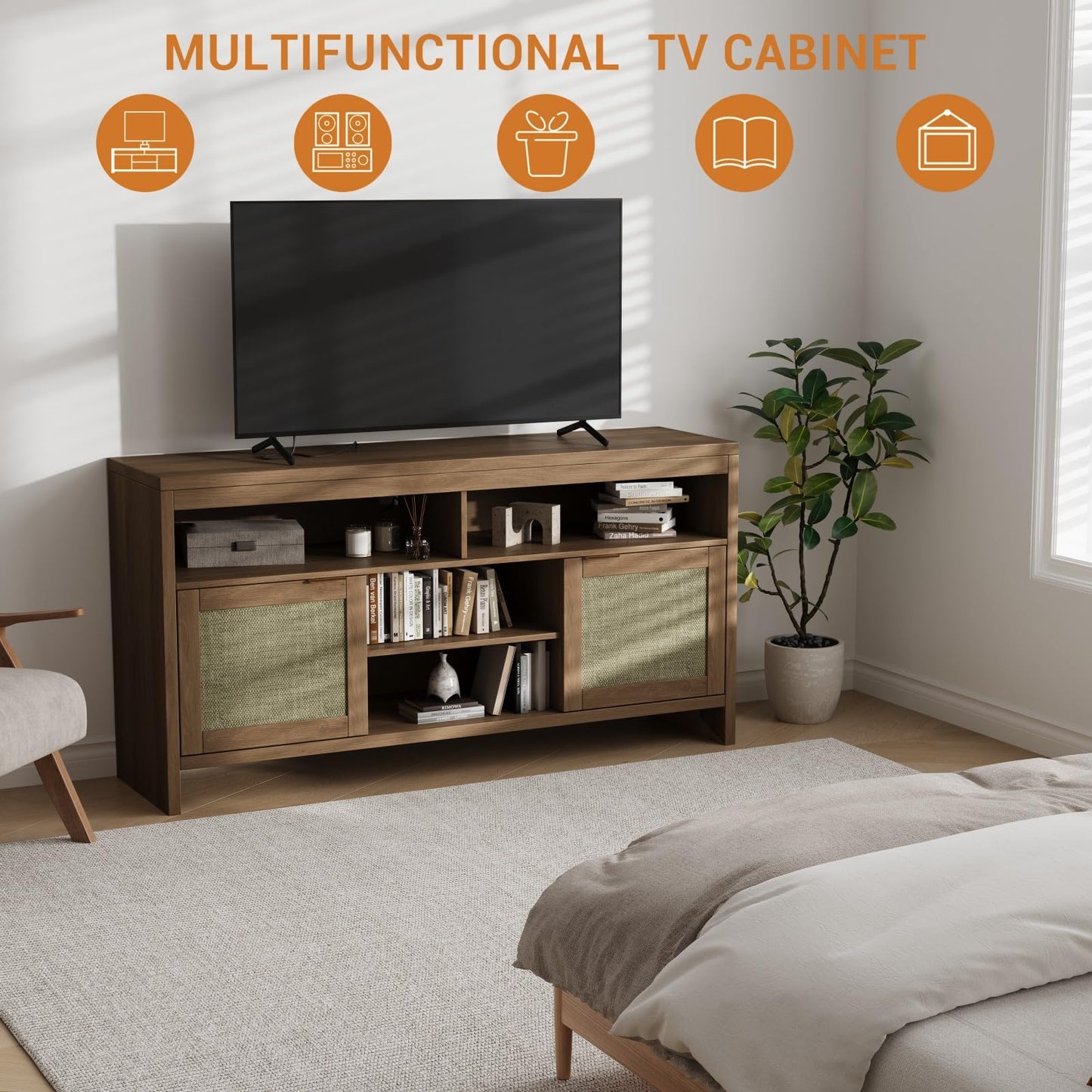 GarveeHome Boho TV Stand for TV Up to 65 in,58" Modern Rattan Entertainment Center with Storage and Adjustable Shelves,Wooden TV Console Cabinet with Doors for Living Room/Bedroom/Farmhouse(Brown)