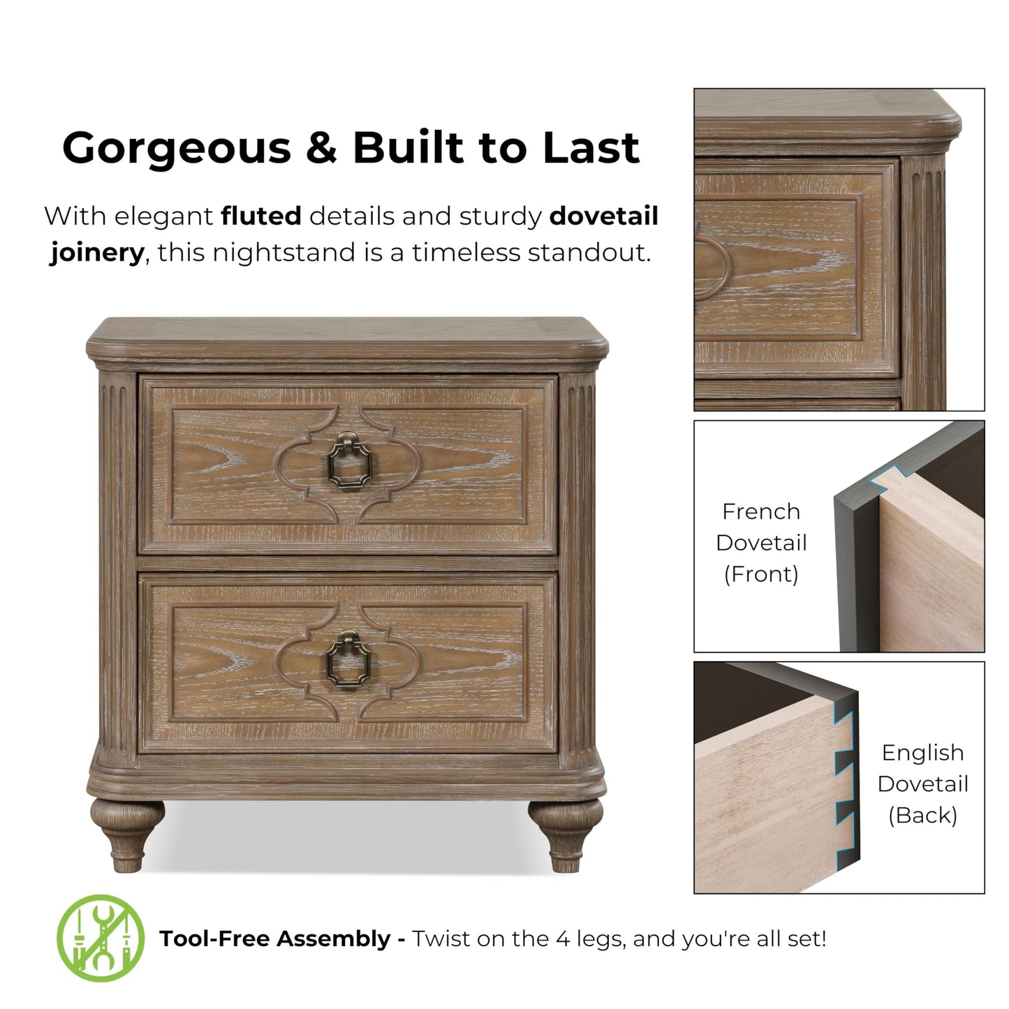 Furniture of America Weile Art Deco Solid Wood 29-inch Nightstand, Bedside Table with USB Ports, Antique Handles and Turn Legs, Wooden Night Stand for Bedroom, Guest Room, Dorm, Rustic Oak
