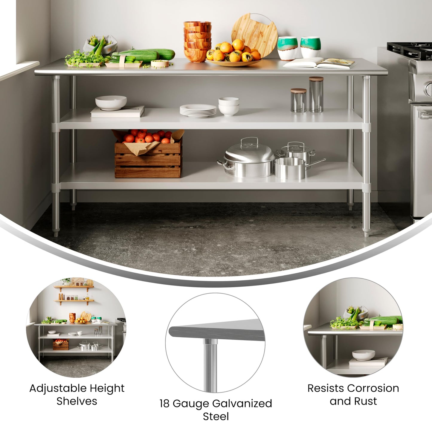Flash Furniture Reese Stainless Steel 18 Gauge Work Table with 2 Undershelves - NSF Certified - 72" W x 24" D x 34.5" H