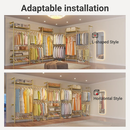 Timate F6 Wall Mounted Clothes Rack - Expandable Industrial Pipe Closet System, Heavy Duty Hanging Garment Rack, Closet Organizer & Storage Solution for Wardrobe, Bedroom,Walk-in Closets,Gold