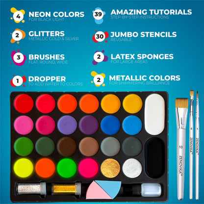 Zenovika Face Painting Kit for Kids - 26 Colors Face Paint Kit, Non-Toxic and Hypoallergenic, Stencils, Book, and Professional Halloween Makeup Kit - Safe and Easy to Use Face Paint Kit for Kids