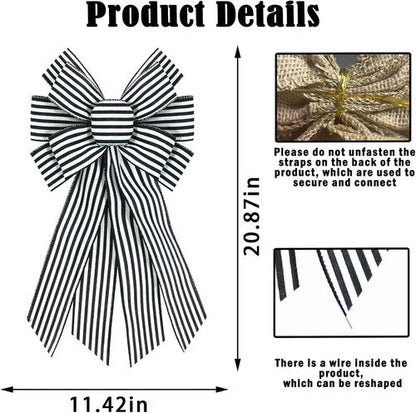 Black White Burlap Wreath Bow - 20 x 11 Inches | Stylish Striped Ribbon for Home Decor & Front Door