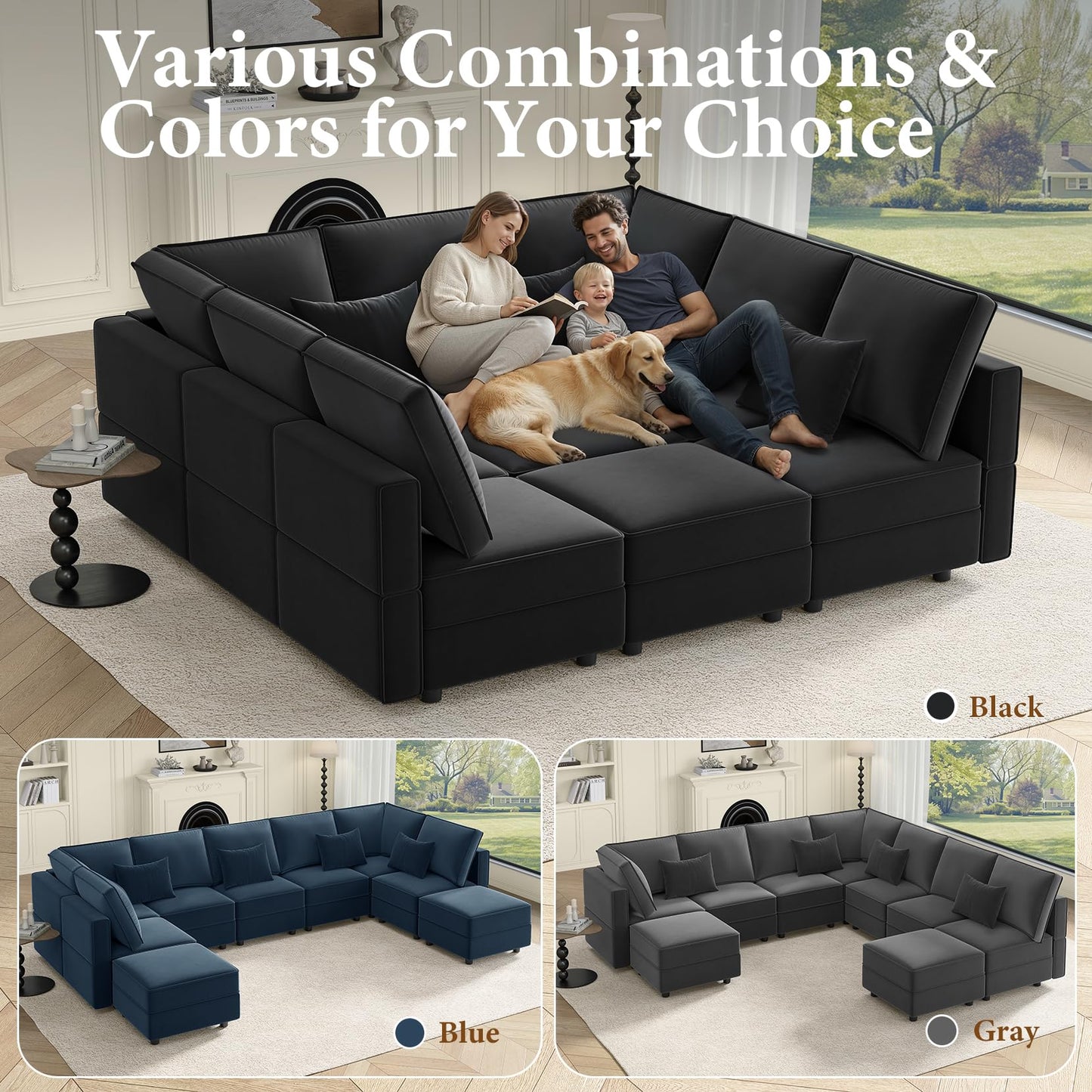 Vesgantti Modular Sofa Bed with Storage, 92" Sleeper Sofas with 9 Seats Storage Chaises Removable Cover, Luxury Large Velvet Sectional Couch Set for Living Room, Apartment, Home Theater, Black
