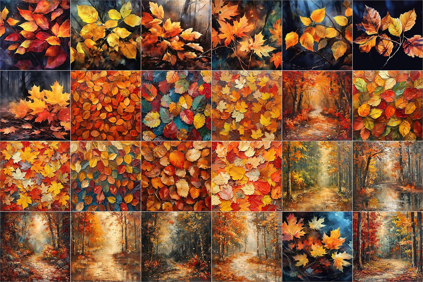 FLONZ Scrapbook Paper (24 sheets 6"x6") Golden Leaves Path ~ Autumn forest trails and vibrant fallen foliage in impressionist-inspired digital painting with rich warm tones and soft lighting