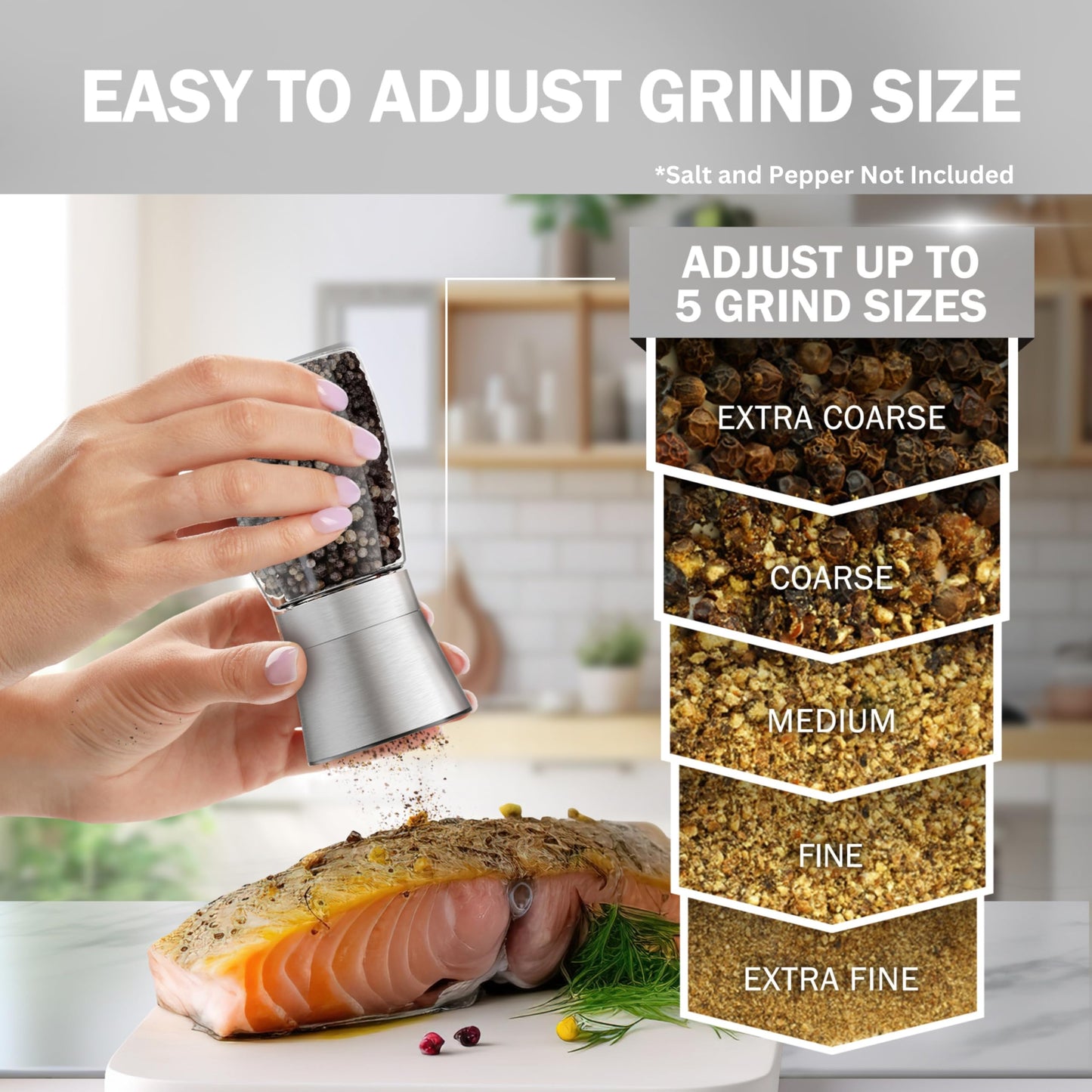 Home EC Original Stainless Steel Sea Salt and Pepper Grinder Set of 2 - Adjustable Ceramic - Glass Salt and Pepper Shakers - Kitchen Pepper Mill & Salt Mill W/Funnel & EBook