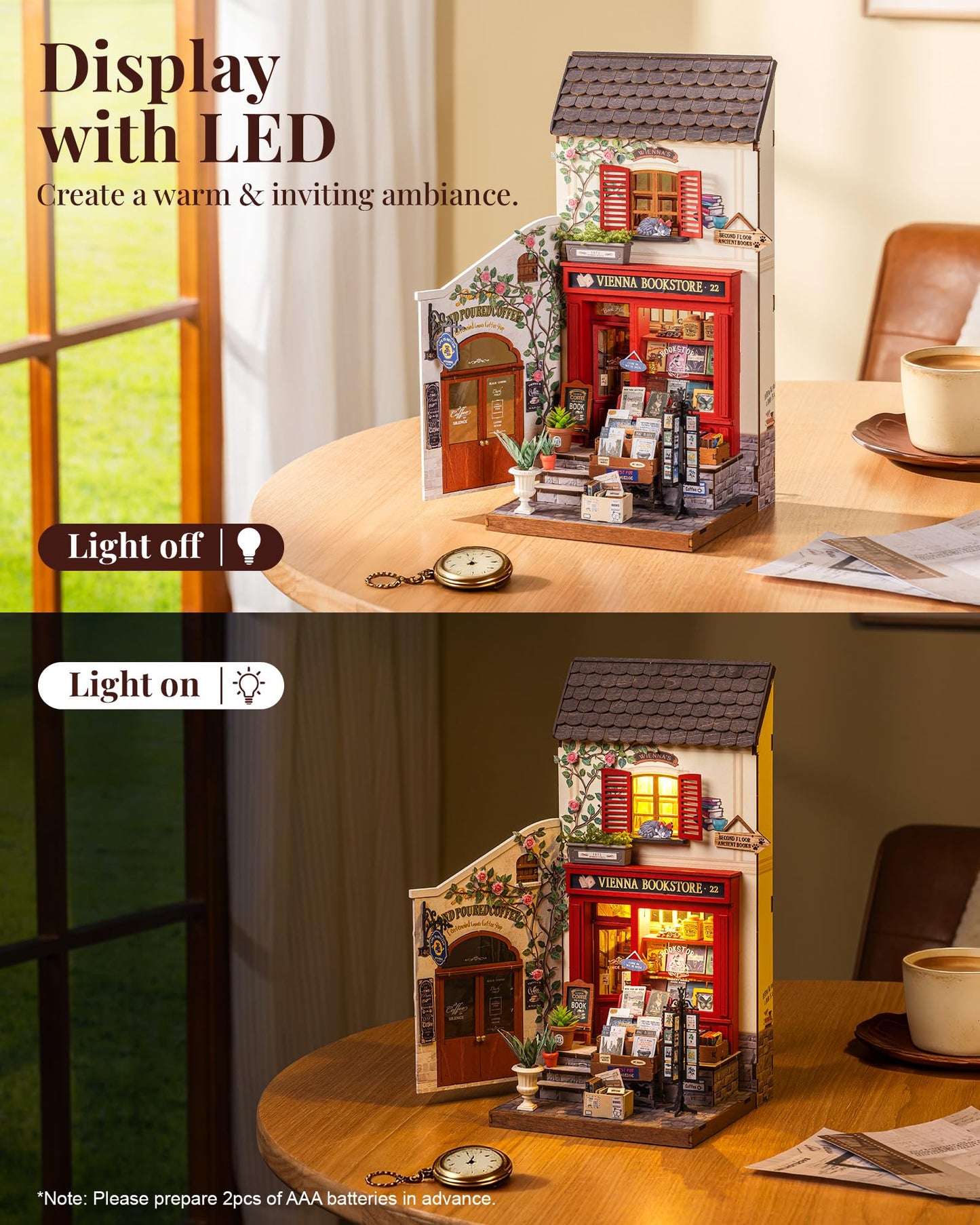 Rolife Book Nook Kit, Vienna Bookstore DIY Miniature Dollhouse Kit with LED Light, 1:18 Scale Miniature Wooden Puzzle for Adults, Mini Building Kit Bookshelf Library Theme Birthday Crafts Gift Decor