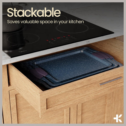 Set Sets 450 Set 3 BAKKEN Kitchen Baking Pan - Nonstick Coating, Carbon Steel Bakeware with Blue Silicone Handles