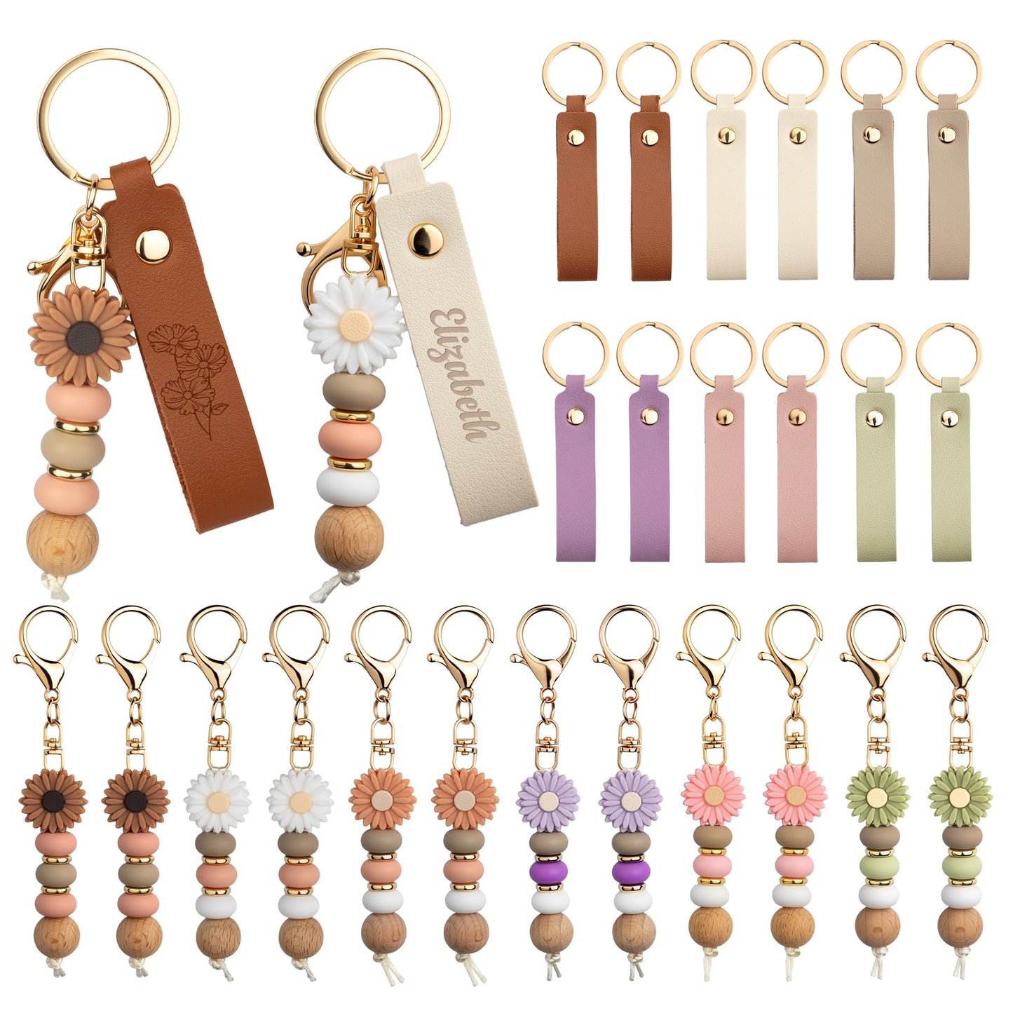 Starry 24PCS Daisy PU Leather Beadable Keychain Blanks Bulk Laser Engraving Blanks Keychain Kit for Flower Bag Purse Key Rings DIY