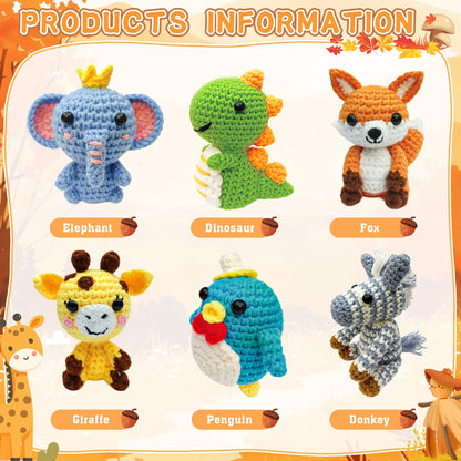 Asopetch 6Pcs Crochet Kit for Beginners, DIY Craft for Adults and Kids, Great Gife for Crochet Lovers, Crocheting Animal Kits with Step by Step Videos,Yarn,Crochet Hook,Birthday, Holiday Gift