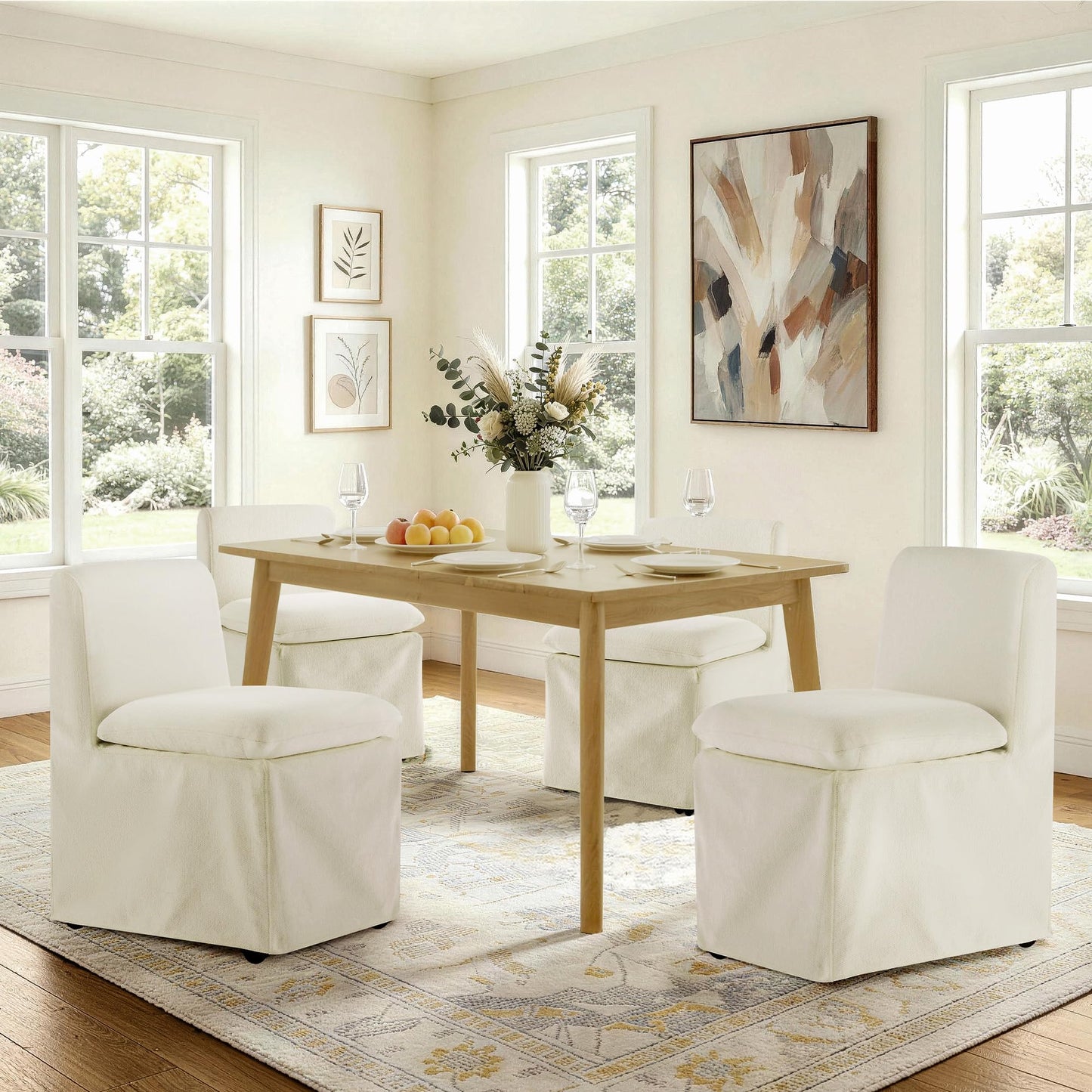 KISLOT Upholstered Dining Chairs Set of 2 with Casters, Modern Armless Kitchen Chairs with Removable Washable Cover, Chenille Velvet Fabric, Sturdy Metal & Wood Frame, 19.5" Seat Height, Linen