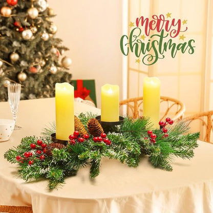 Brightown Christmas Candle Holder - 20.5” Iron Design with Pine Needles, Red Berries & Gold Accents