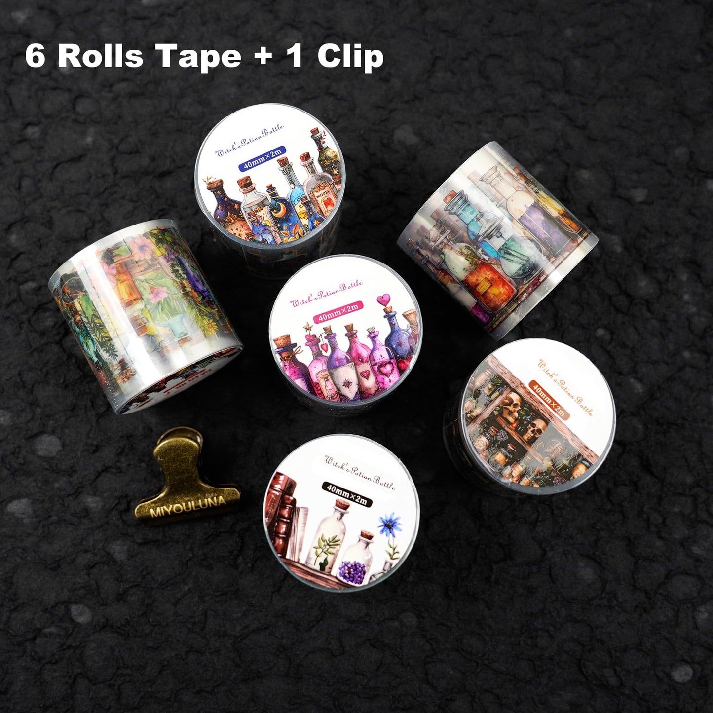 MiyouLuna 6 Rolls Witch Potion Bottle PET Tape Set with Clip, Waterproof Gothic Scrapbook Sticker Rolls for Journaling, Bullet Journals, and Dark Aesthetic Crafting