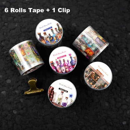 MiyouLuna 6 Rolls Witch Potion Bottle PET Tape Set with Clip, Waterproof Gothic Scrapbook Sticker Rolls for Journaling, Bullet Journals, and Dark Aesthetic Crafting
