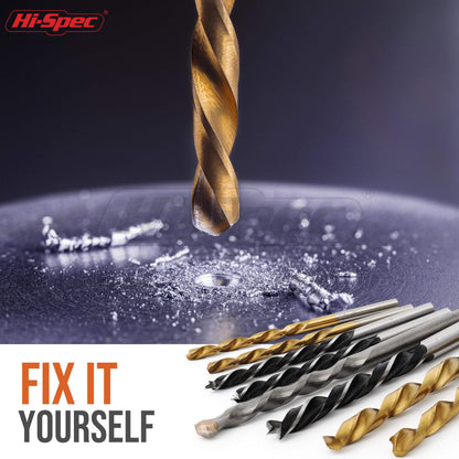 Hi-Spec Drill Bit Set 130pc Multi SAE – 11 Sizes 1/16in to 3/8in – HSS Titanium, Masonry & Brad Point Steel Bits – Drill Bits for Metal, Wood, Plastic, Drywall, Brick & Concrete – with Tray Case