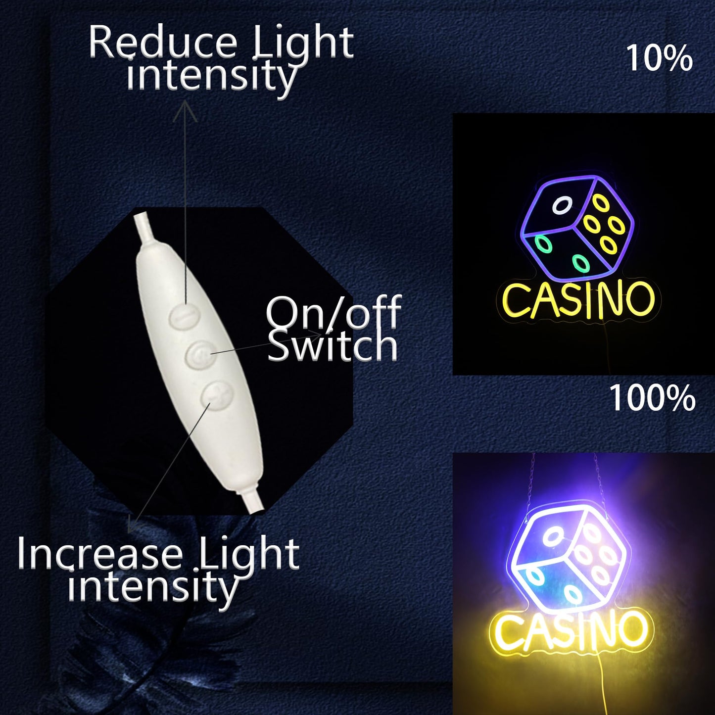 Casino Neon Sign Dimmable Dice Neon Sign Wall Decor Gift for Casino Bar Bedroom Game Room Man Cave Casino Party 13.6 * 12.8 Inch