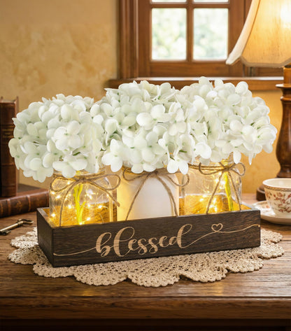 FancyPlus Farmhouse Mason Jar Table Centerpiece with White Hydrangea Flowers, Lighted Artificial Floral Arrangement with Wood Tray, Rustic Table Decor for Kitchen Coffee Table Living Room Home