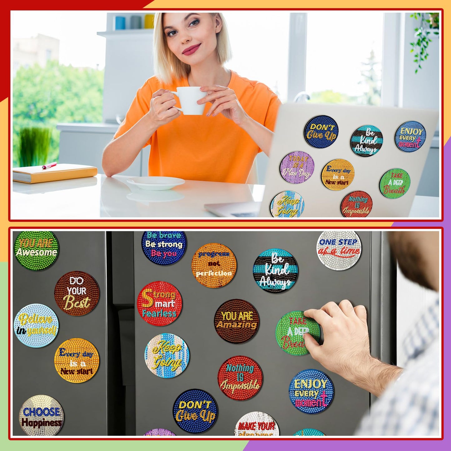 Motipuns 30 Pcs Inspirational Diamond Art Kits Magnetic Motivational Diamond Painting Magnets Kits Positive Affirmation 5d DIY Art Fridge Magnet Refrigerator Sticker for Adult Beginner Home Car Garage