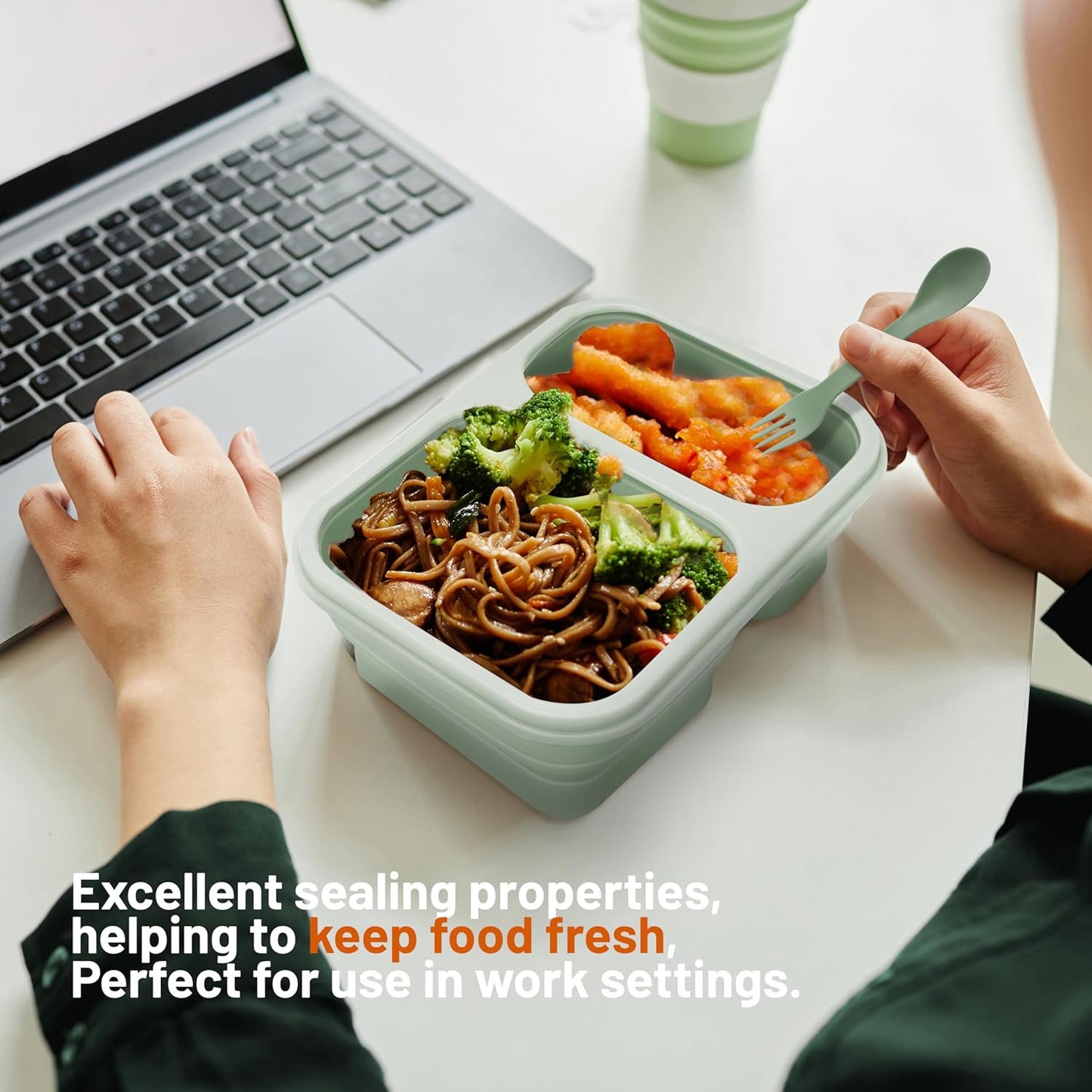Green Collapsible Lunch Containers with Lid, 2 Compartments | Foldable Silicone Bento for Adults | BPA-Free Food