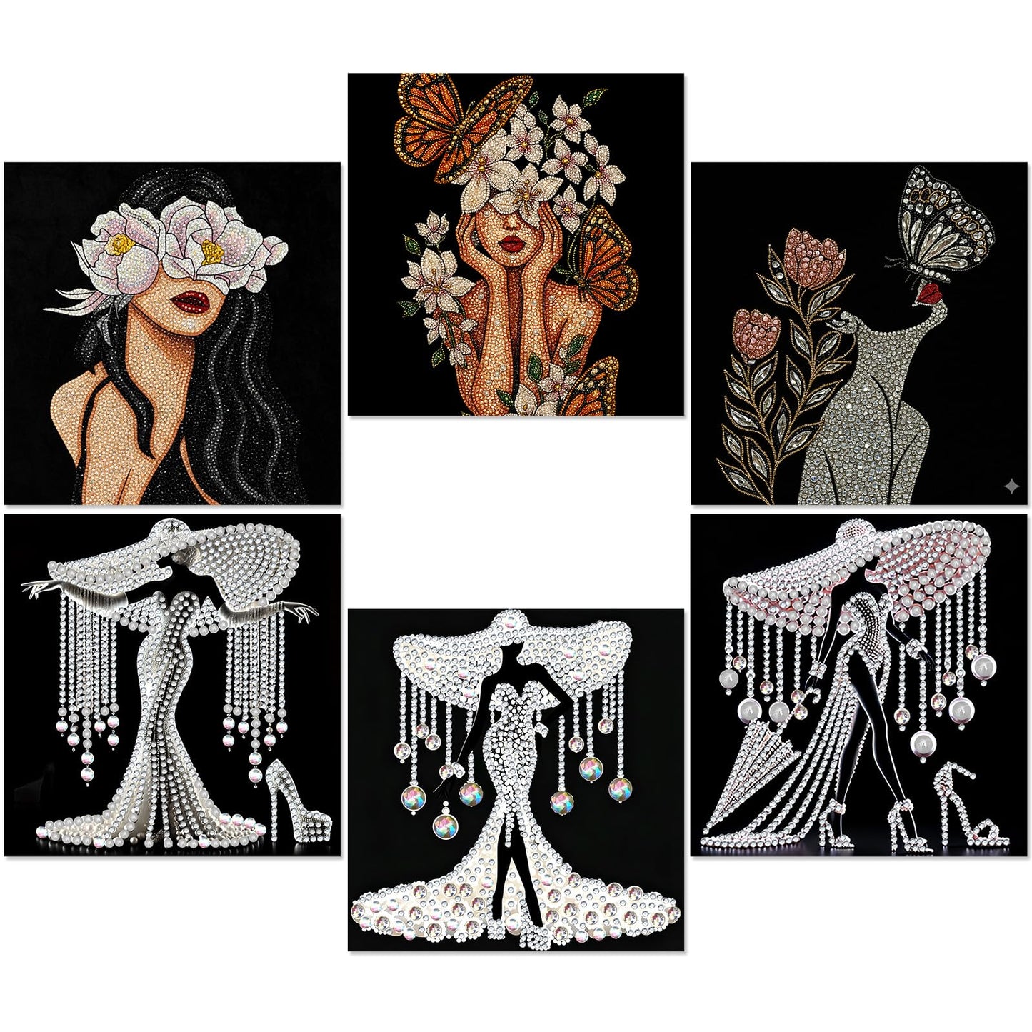 Jaloro 6 Pack 8 x 8 Inch 5d Crystal Diamond Painting Kits for Adults, Elegant Woman Butterfly Flower Diamond Art Kits, DIY Rhinestone Picture Sets for Beginner Artist Home Wall Decor Gifts, No Frame