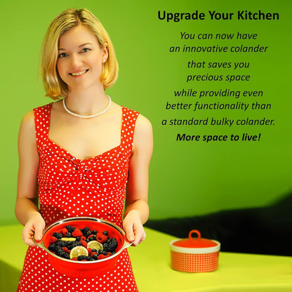 Collapsible Colander and Funnel - Stainless Steel Meets Red Silicone. RV Accessories for Inside, Camper Organization and Storage Idea, Motorhome, Camp or Travel Trailer, 5th Wheel, Boat, Small Kitchen