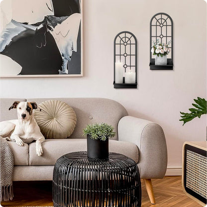 Wall Candle Holder, Black Boho Metal Wall Art Decor, Bohemian Line Wall Candle Holder for Living Room, Dining Room, Bedroom, Bathroom (16.5 x 7 in)