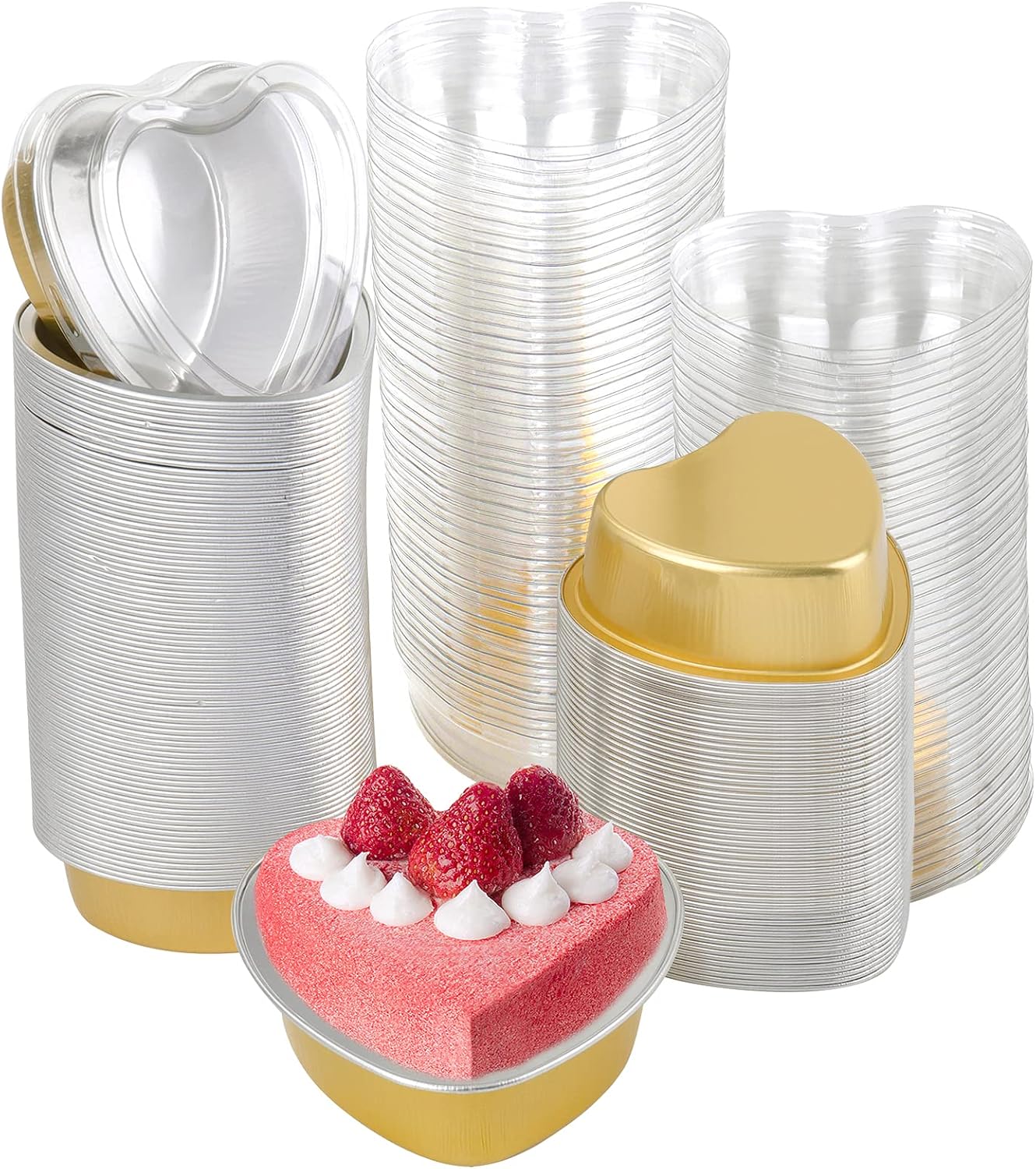 SOUJOY 100 Pieces Heart Shaped Baking Cups, 3.4 oz Aluminum Foil Cake Pan with Lids for Cupcake Ramekin