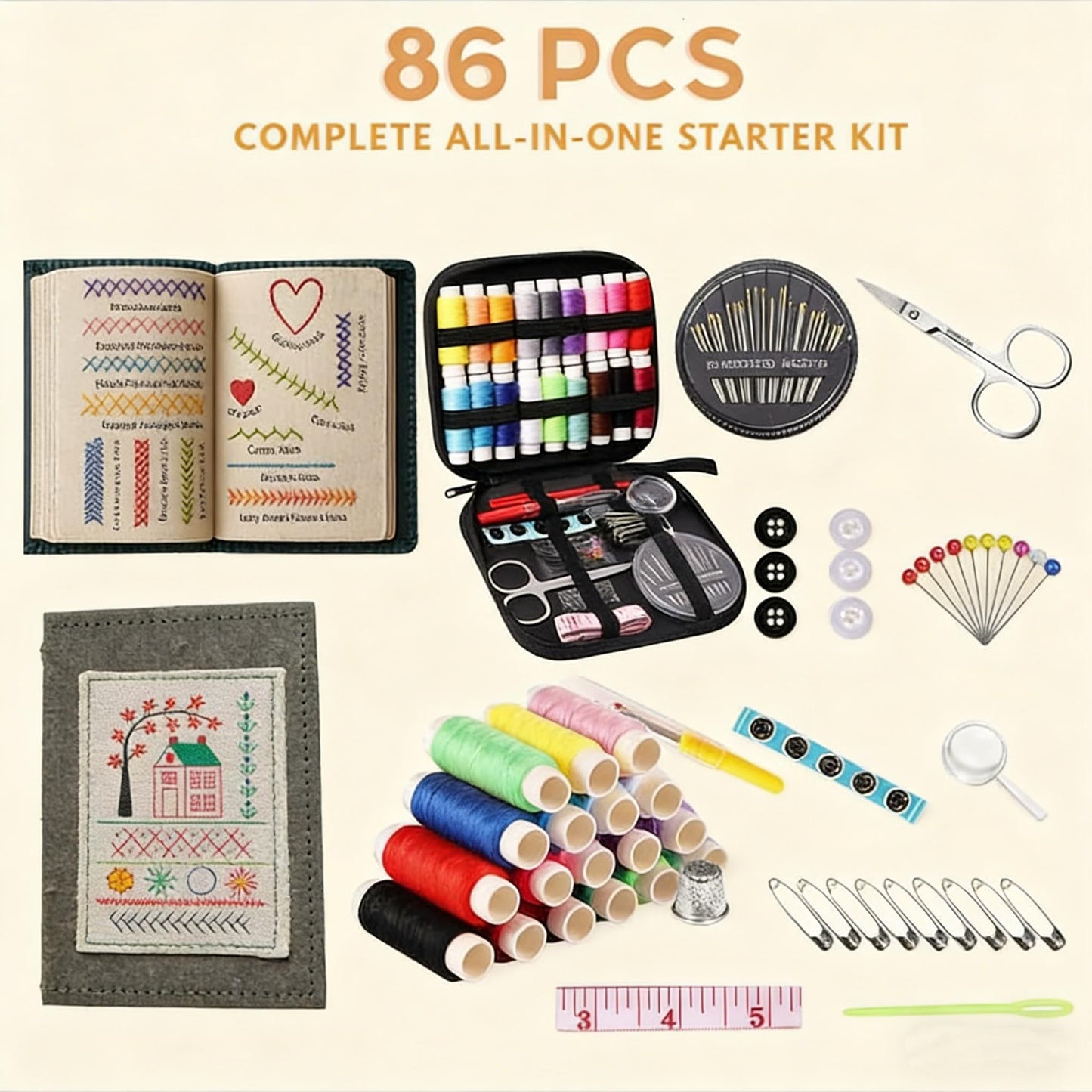 New DIY Embroidery Stitch Book Kit,86-Piece Sewing Tool Set,with 106 Illustrated Stitches,Step-by-Step Tutorials,Perfect Gift for Craft Lovers & Cross Stitch Enthusiasts