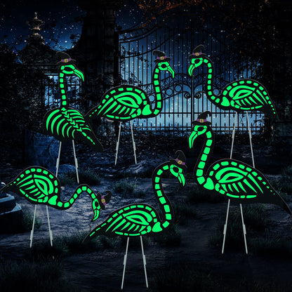 WILLBOND 6 Pcs Glow in the Dark Skeleton Flamingo Scary Creepy Outdoor Decor for Halloween Party