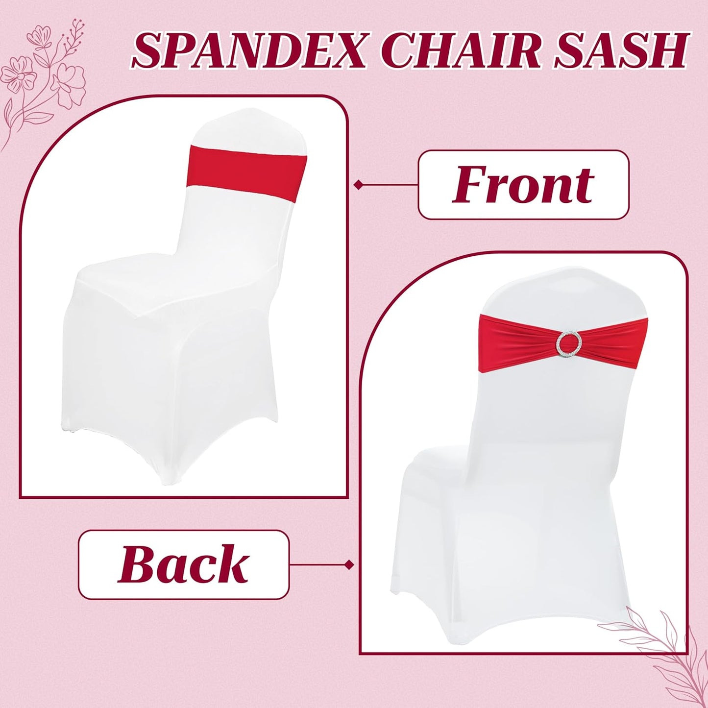 MDS Spandex Chair Sashes - 150 Universal Elastic Stretch Bands with Buckle Slider Bow | Red