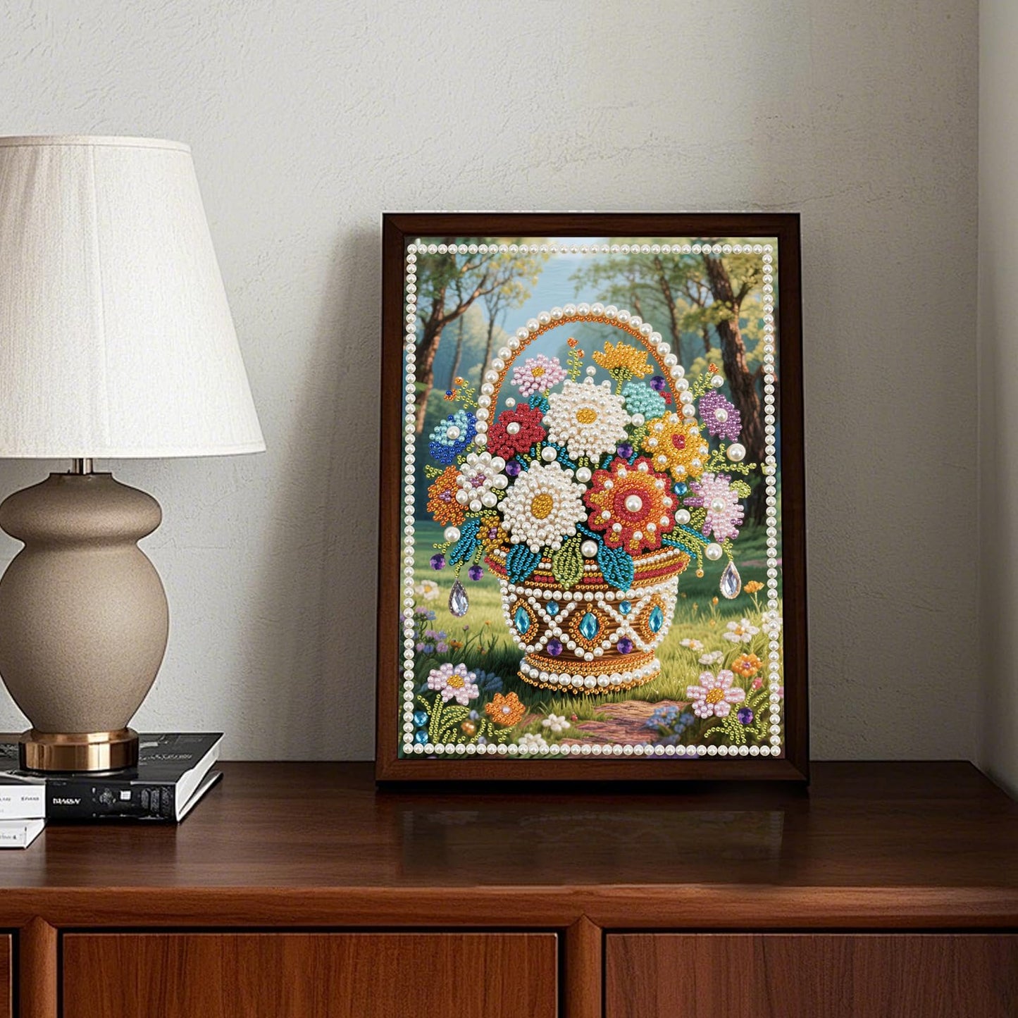 Stalente Pearl Diamond Painting Kits for Adults Flower Basket, 5D Special Shape Diamond Art Kits for Beginners, Crystal Rhinestones Diamond Painting for Home Wall Decoration Gift 12×16inch