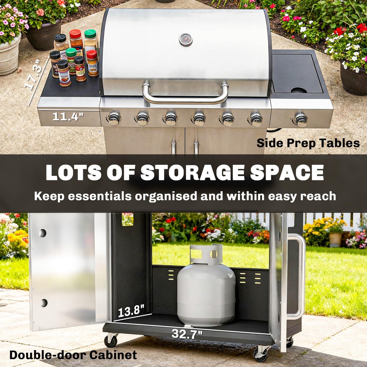 Outsunny 6 Burner Propane Gas Grill with Side Burner, 63,000 BTU Stainless Steel Barbecue Grill with Cast Iron Grates, Wheels, Warming Rack, Side Tables, Cabinet for Outdoor Kitchen, Backyard Barbecue