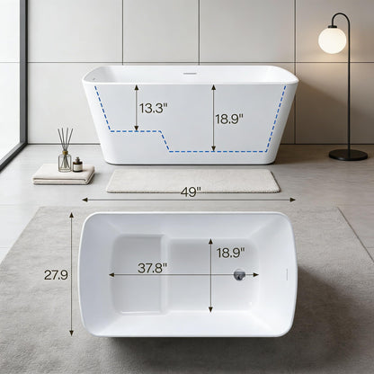 59" Free Standing Tub, Acrylic Freestanding Bathtub, Modern Soaking Tub with Integrated Overflow and Drain, White Bathroom Fixture, Stand Alone Bathtub, cUPC Certified (Pure white, 49 Inch)