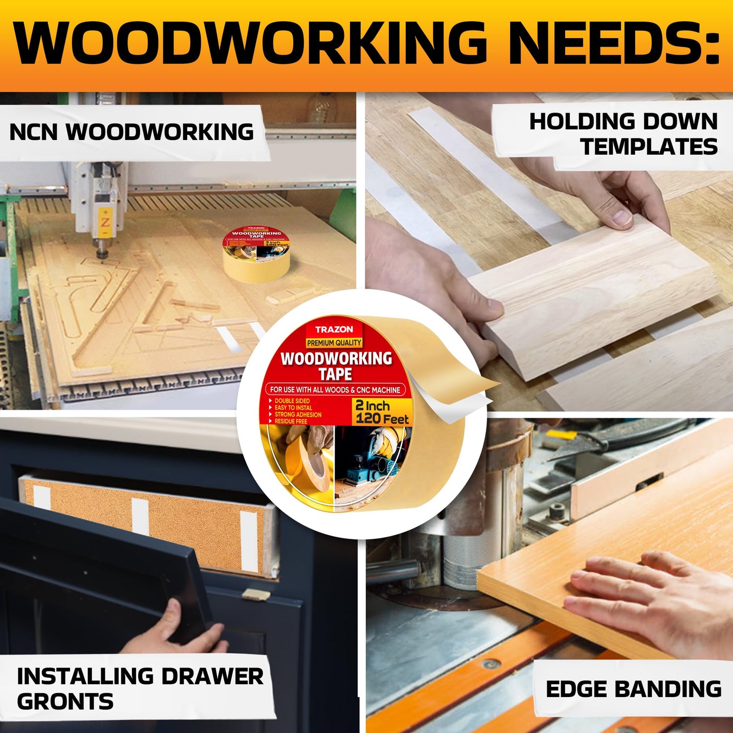 Trazon Double Sided Woodworking Tape Super Strong, 2 Inch x 120 Feet, Wood Crafter Sticky Tool, Two Side Adhesive for Router Templates and CNC Machine, Removable & Residue Free