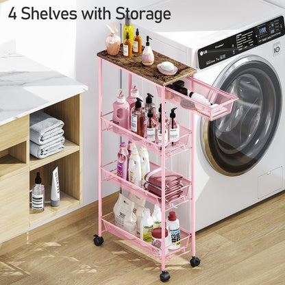 KINGRACK 4-Tier Slim Storage Cart, Metal Rolling Cart, Organizer with Wooden Tabletop and Drawer Basket, Mobile Shelving Unit for Kitchen, Bathroom, Laundry Room, Pink
