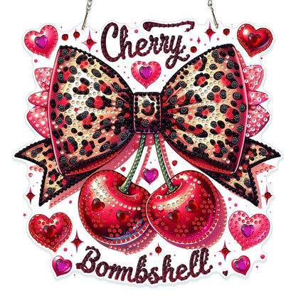 GHHKUD Cherry Bow Diamond Art Hanging Kit for Adults, DIY Double Sided Diamond Painting Hanging Valentines Kits Adults, Special Shaped Acrylic Ornaments Pendants for Window Home Garden Wall
