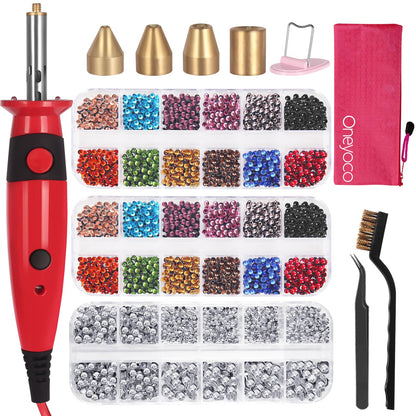 Oneyoco Hotfix Rhinestone Setter, Hotfix Applicator Tool Bedazzler Kit with Rhinestones, Kit, Hot Fixed Wand for Clothes Clothing Fabric Crafts, 3 Boxes Crystal, Clear, 3 Gems Sizes, Tips