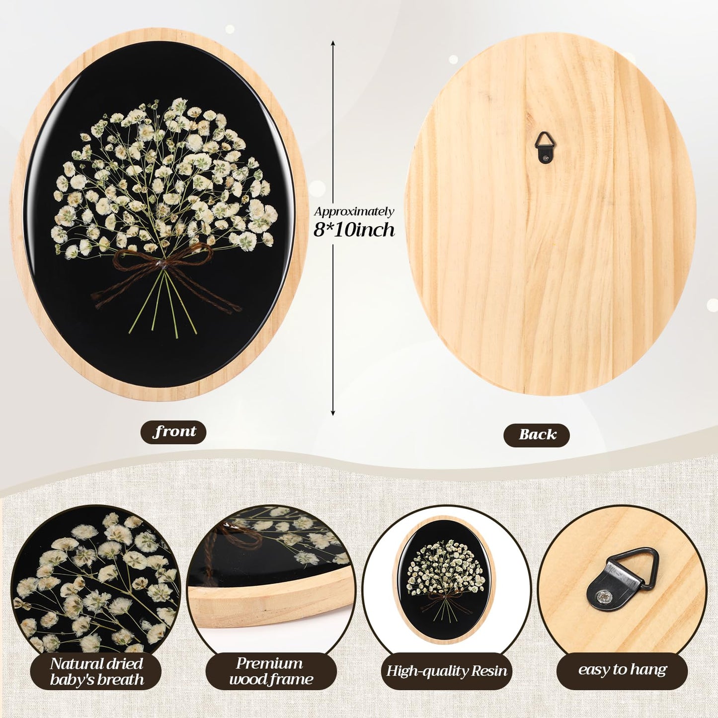 Kathfly 8x10 Inch Wooden Pressed Flower Wall Decor Resin Natural Baby's Breath Wall Art Framed Dried Flower Artwork with Bow Boho Floral Hanging Decor for Bedroom Living Room Gallery Office