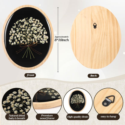 Kathfly 8x10 Inch Wooden Pressed Flower Wall Decor Resin Natural Baby's Breath Wall Art Framed Dried Flower Artwork with Bow Boho Floral Hanging Decor for Bedroom Living Room Gallery Office